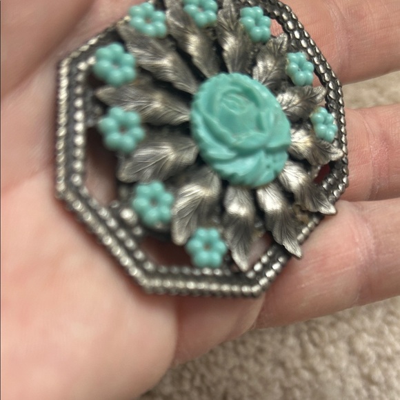 Vtg Victorian Revival Aqua Flower Brooch Silver Tone Turquoise Rose Pin Boho - Picture 5 of 5